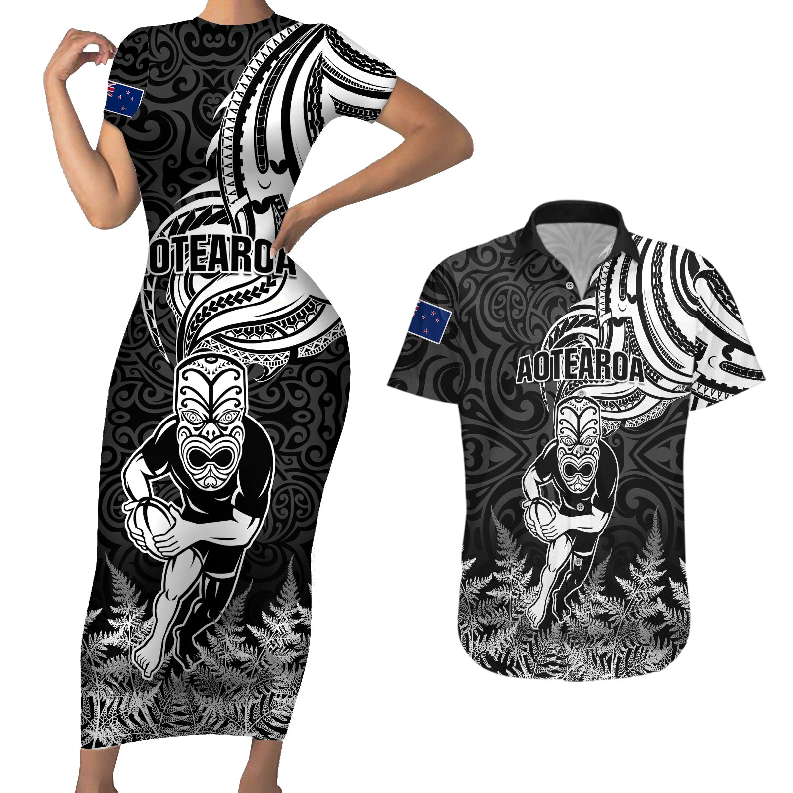 Custom New Zealand Silver Fern Rugby Couples Matching Short Sleeve Bodycon Dress and Hawaiian Shirt Maori Tiki Player With Ta Moko Tribal - Wonder Print Shop