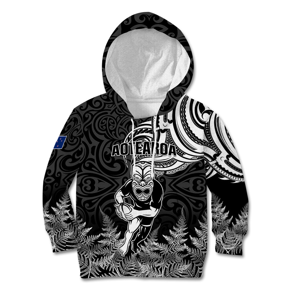 Custom New Zealand Silver Fern Rugby Kid Hoodie Maori Tiki Player With Ta Moko Tribal - Wonder Print Shop