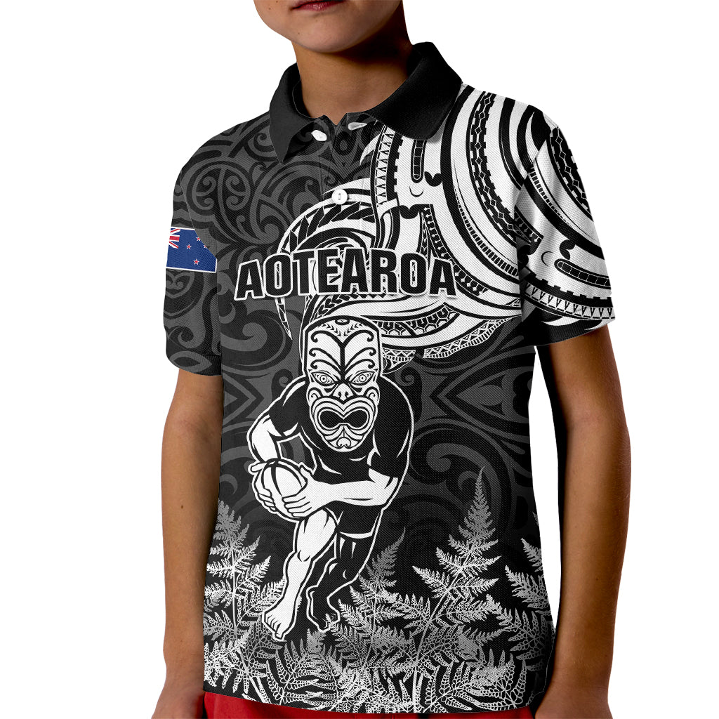 Custom New Zealand Silver Fern Rugby Kid Polo Shirt Maori Tiki Player With Ta Moko Tribal - Wonder Print Shop