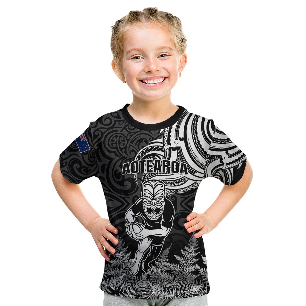 Custom New Zealand Silver Fern Rugby Kid T Shirt Maori Tiki Player With Ta Moko Tribal - Wonder Print Shop