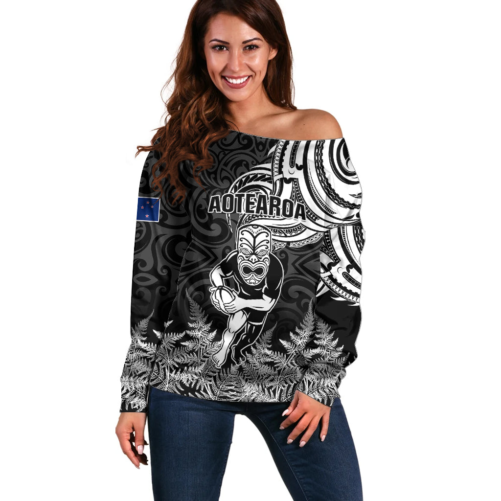 Custom New Zealand Silver Fern Rugby Off Shoulder Sweater Maori Tiki Player With Ta Moko Tribal - Wonder Print Shop