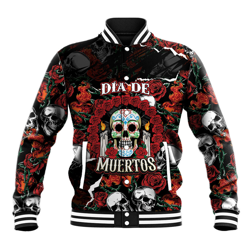 Personalized Dia De Muertos Sugar Skull Baseball Jacket Red Roses Floral Skeleton Graphic