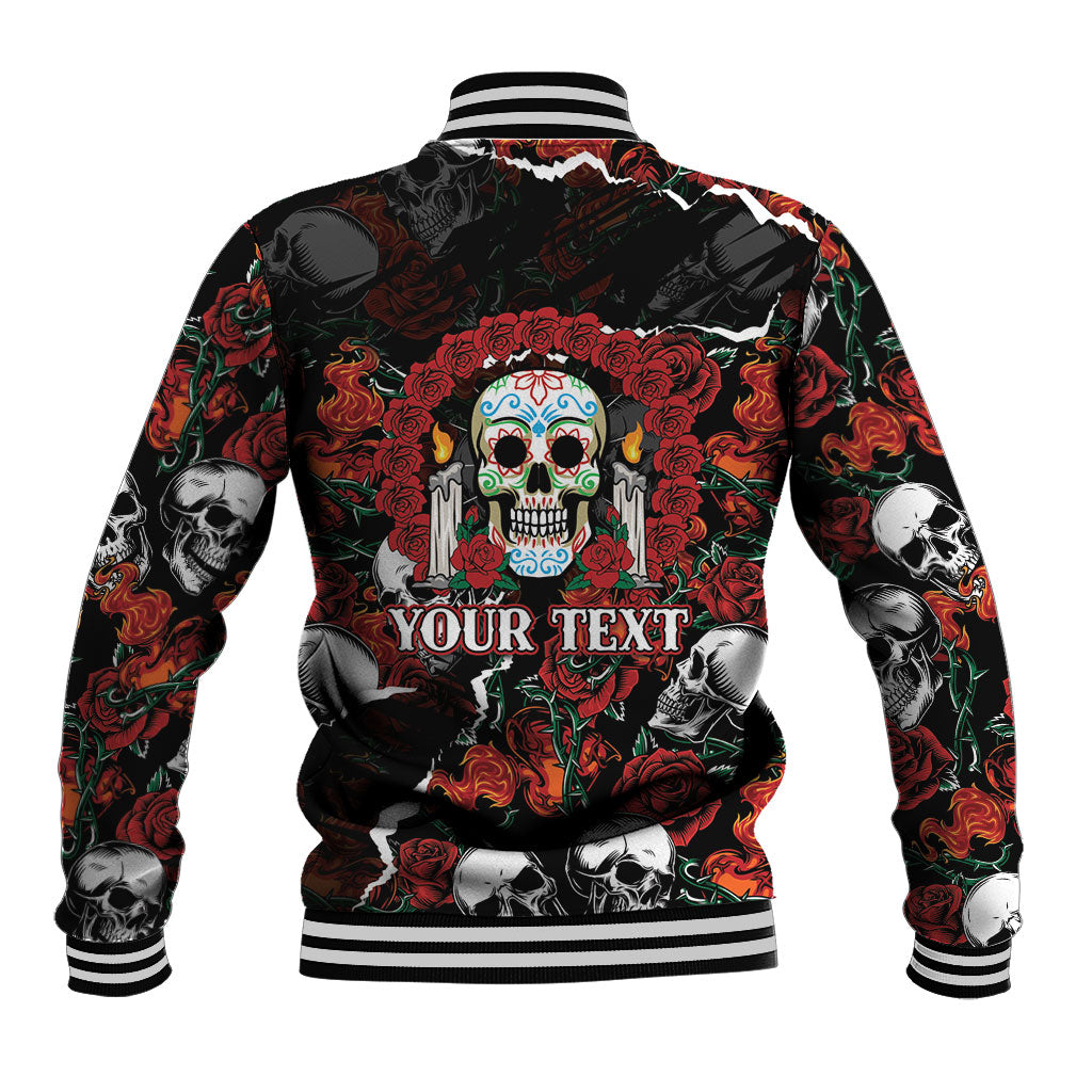 Personalized Dia De Muertos Sugar Skull Baseball Jacket Red Roses Floral Skeleton Graphic