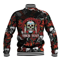 Personalized Dia De Muertos Sugar Skull Baseball Jacket Red Roses Floral Skeleton Graphic