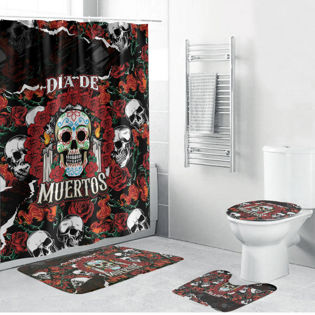 Dia De Muertos Sugar Skull Bathroom Set Red Roses Floral Skeleton Graphic