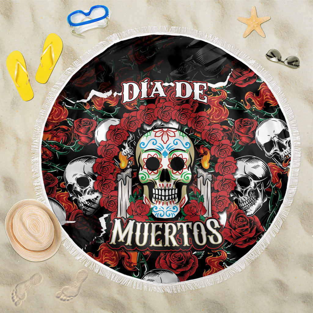 Dia De Muertos Sugar Skull Beach Blanket Red Roses Floral Skeleton Graphic