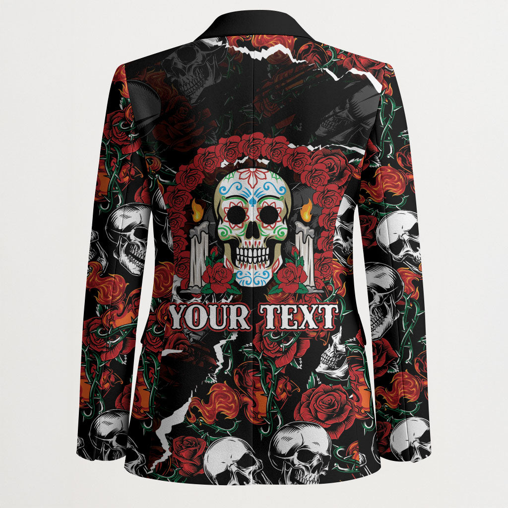 Personalized Dia De Muertos Sugar Skull Blazer Red Roses Floral Skeleton Graphic