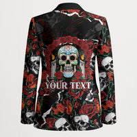 Personalized Dia De Muertos Sugar Skull Blazer Red Roses Floral Skeleton Graphic