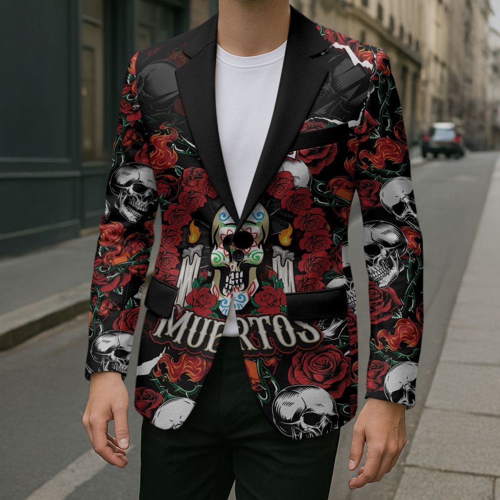 Personalized Dia De Muertos Sugar Skull Blazer Red Roses Floral Skeleton Graphic