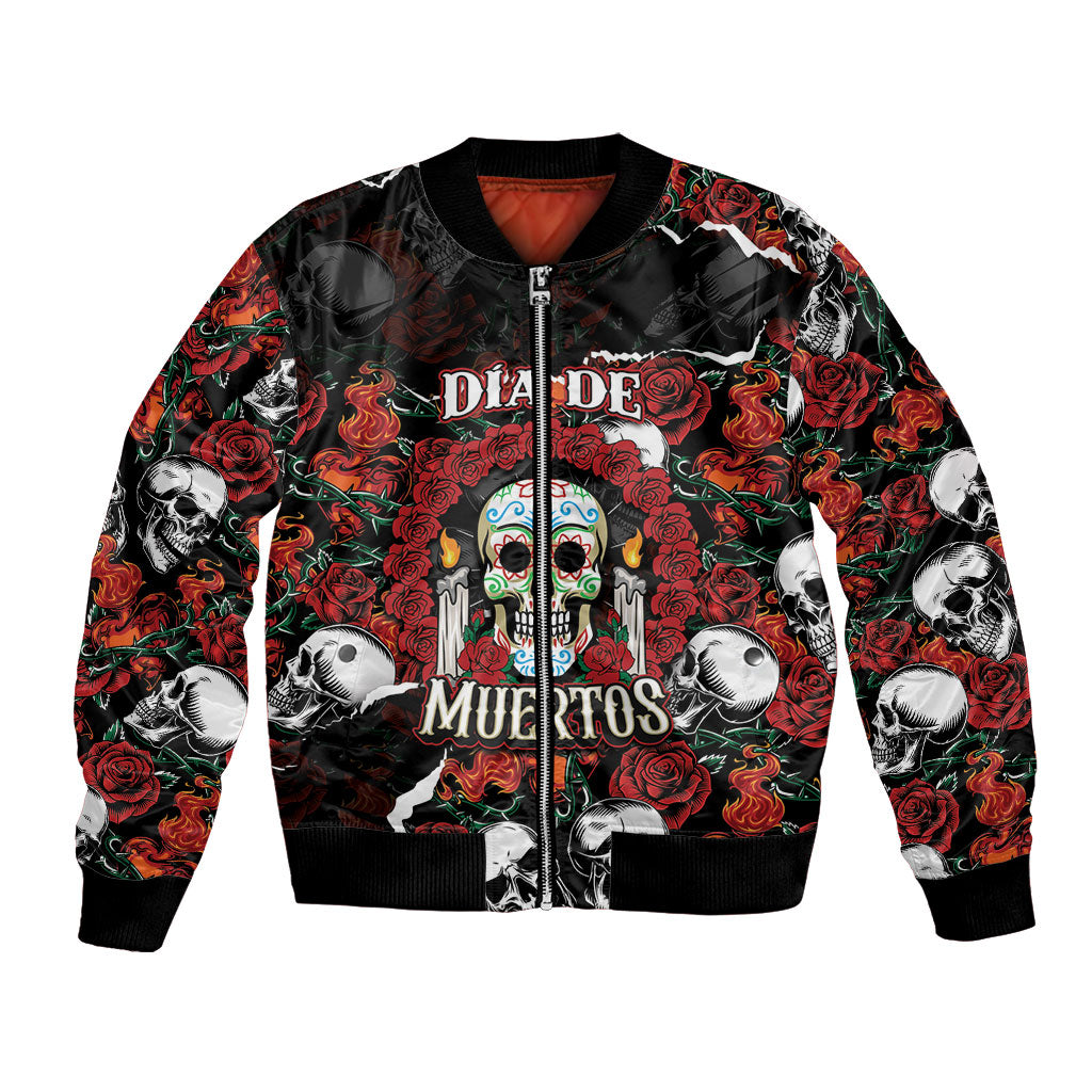 Personalized Dia De Muertos Sugar Skull Bomber Jacket Red Roses Floral Skeleton Graphic