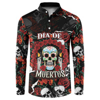 Personalized Dia De Muertos Sugar Skull Button Sweatshirt Red Roses Floral Skeleton Graphic