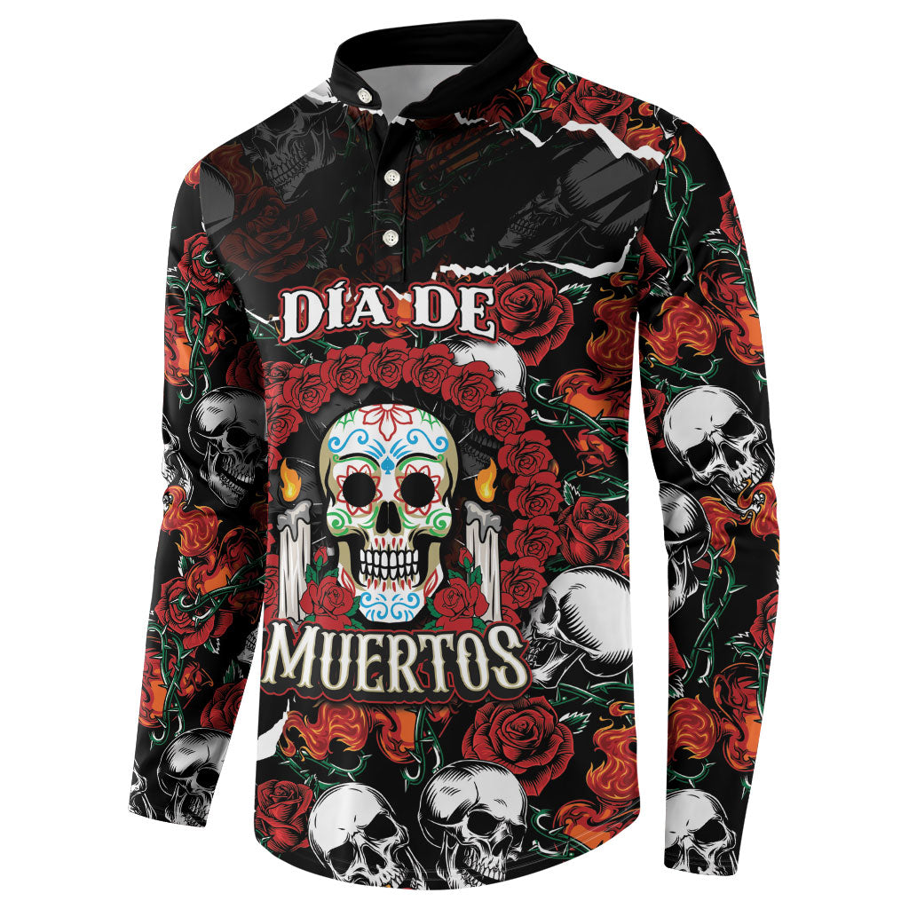 Personalized Dia De Muertos Sugar Skull Button Sweatshirt Red Roses Floral Skeleton Graphic