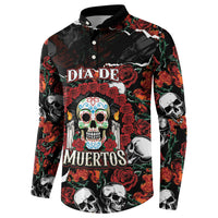 Personalized Dia De Muertos Sugar Skull Button Sweatshirt Red Roses Floral Skeleton Graphic