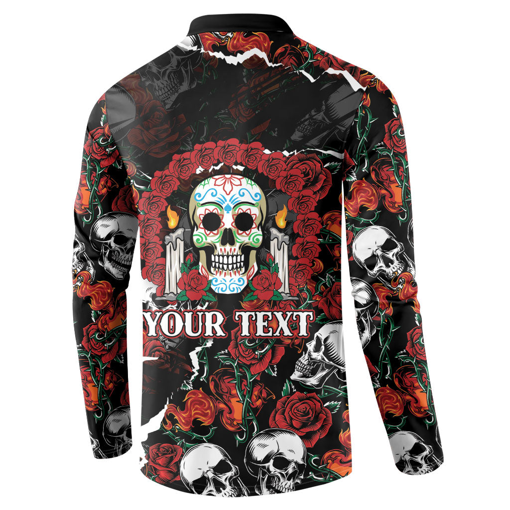 Personalized Dia De Muertos Sugar Skull Button Sweatshirt Red Roses Floral Skeleton Graphic