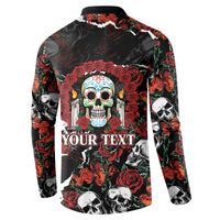 Personalized Dia De Muertos Sugar Skull Button Sweatshirt Red Roses Floral Skeleton Graphic