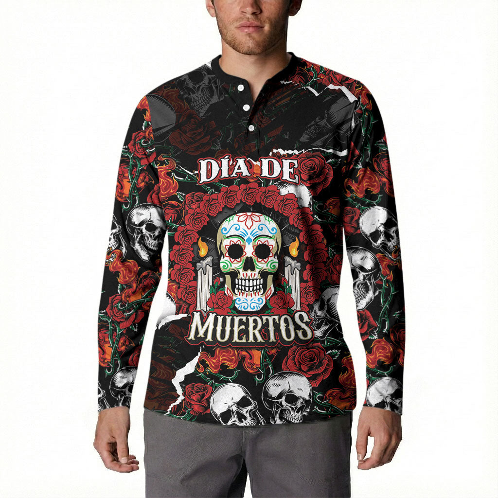 Personalized Dia De Muertos Sugar Skull Button Sweatshirt Red Roses Floral Skeleton Graphic