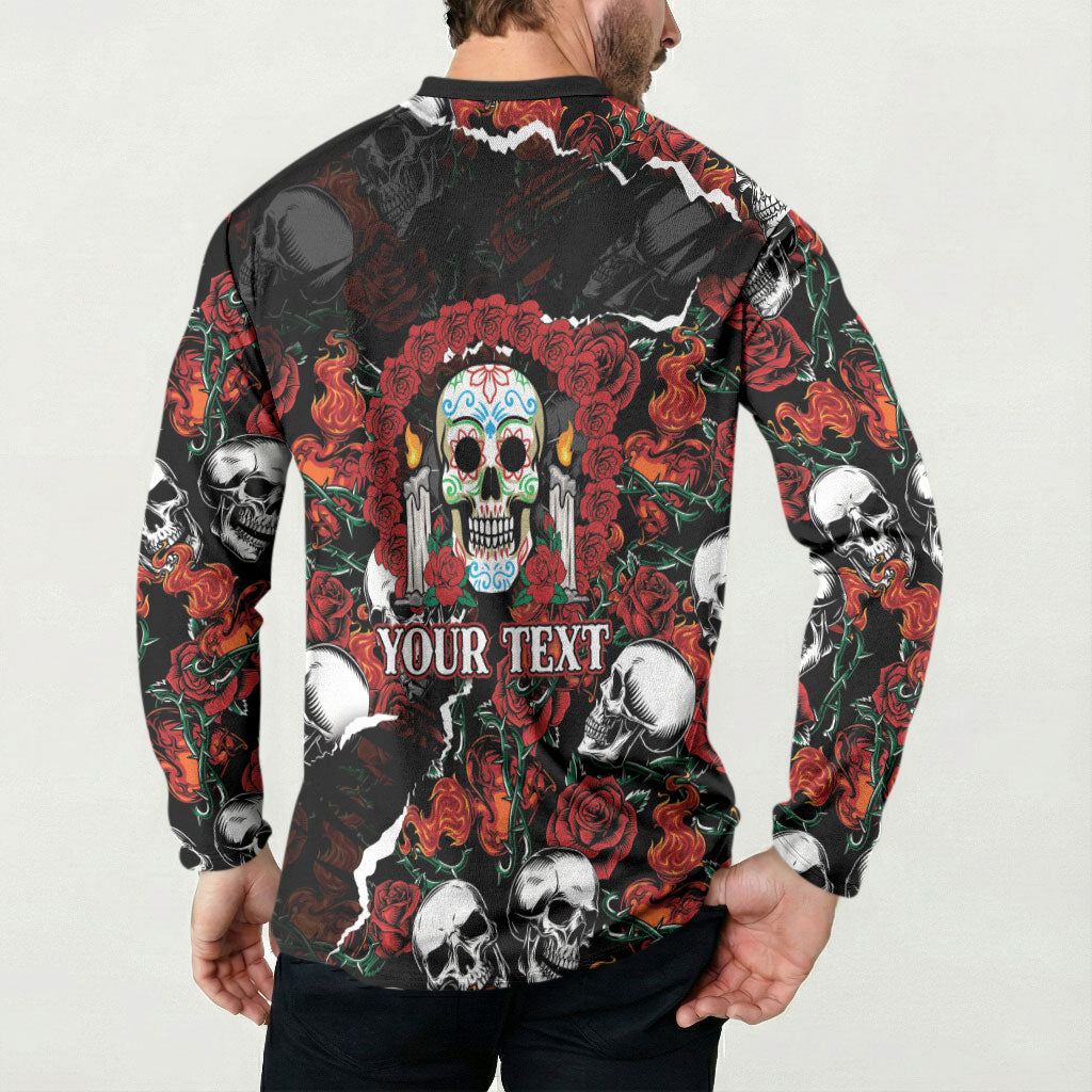 Personalized Dia De Muertos Sugar Skull Button Sweatshirt Red Roses Floral Skeleton Graphic