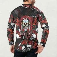 Personalized Dia De Muertos Sugar Skull Button Sweatshirt Red Roses Floral Skeleton Graphic