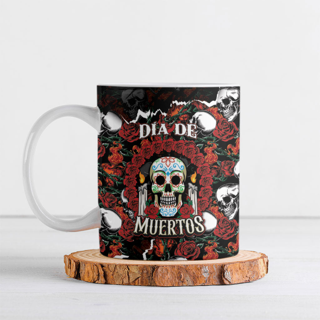 Personalized Dia De Muertos Sugar Skull Ceramic Mug Red Roses Floral Skeleton Graphic