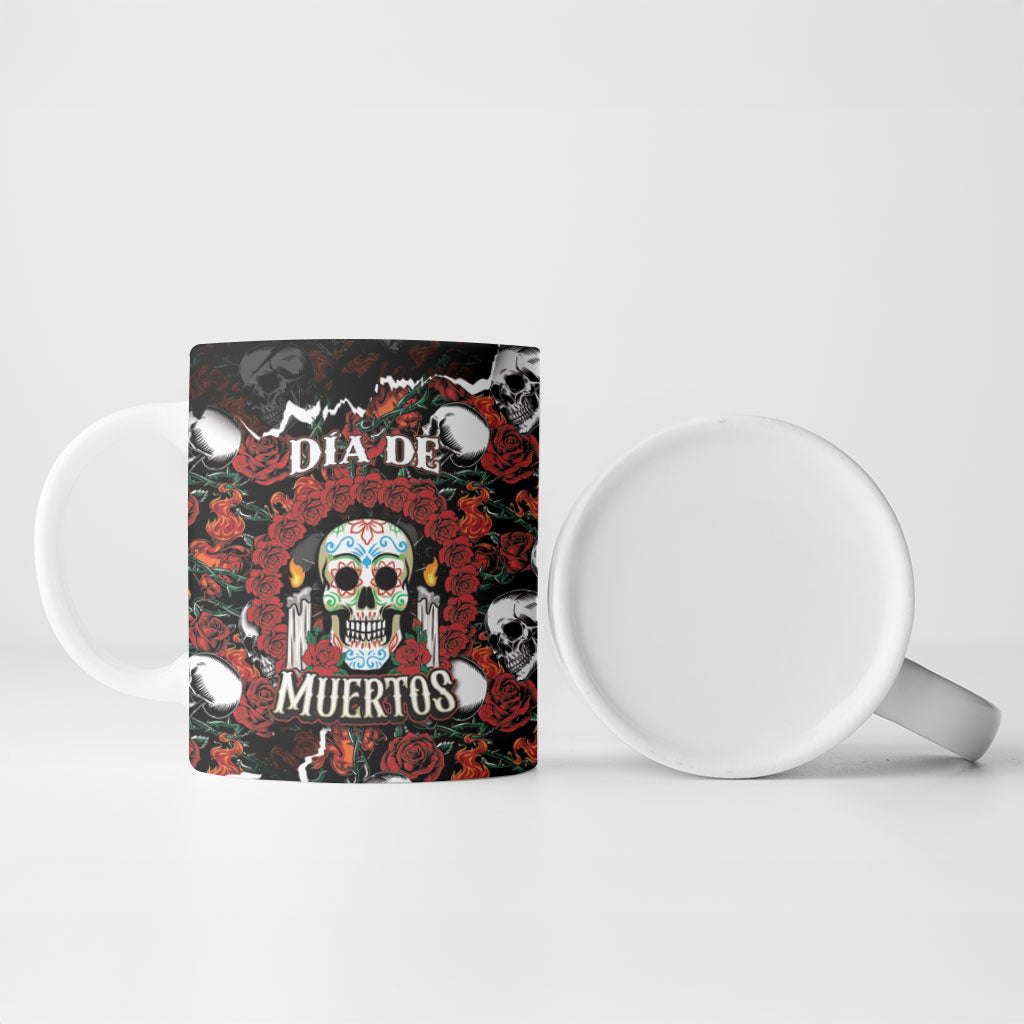 Personalized Dia De Muertos Sugar Skull Ceramic Mug Red Roses Floral Skeleton Graphic