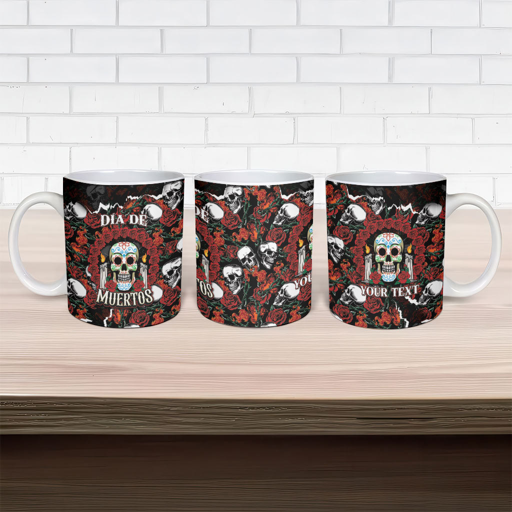Personalized Dia De Muertos Sugar Skull Ceramic Mug Red Roses Floral Skeleton Graphic