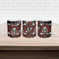 Personalized Dia De Muertos Sugar Skull Ceramic Mug Red Roses Floral Skeleton Graphic