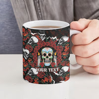 Personalized Dia De Muertos Sugar Skull Ceramic Mug Red Roses Floral Skeleton Graphic