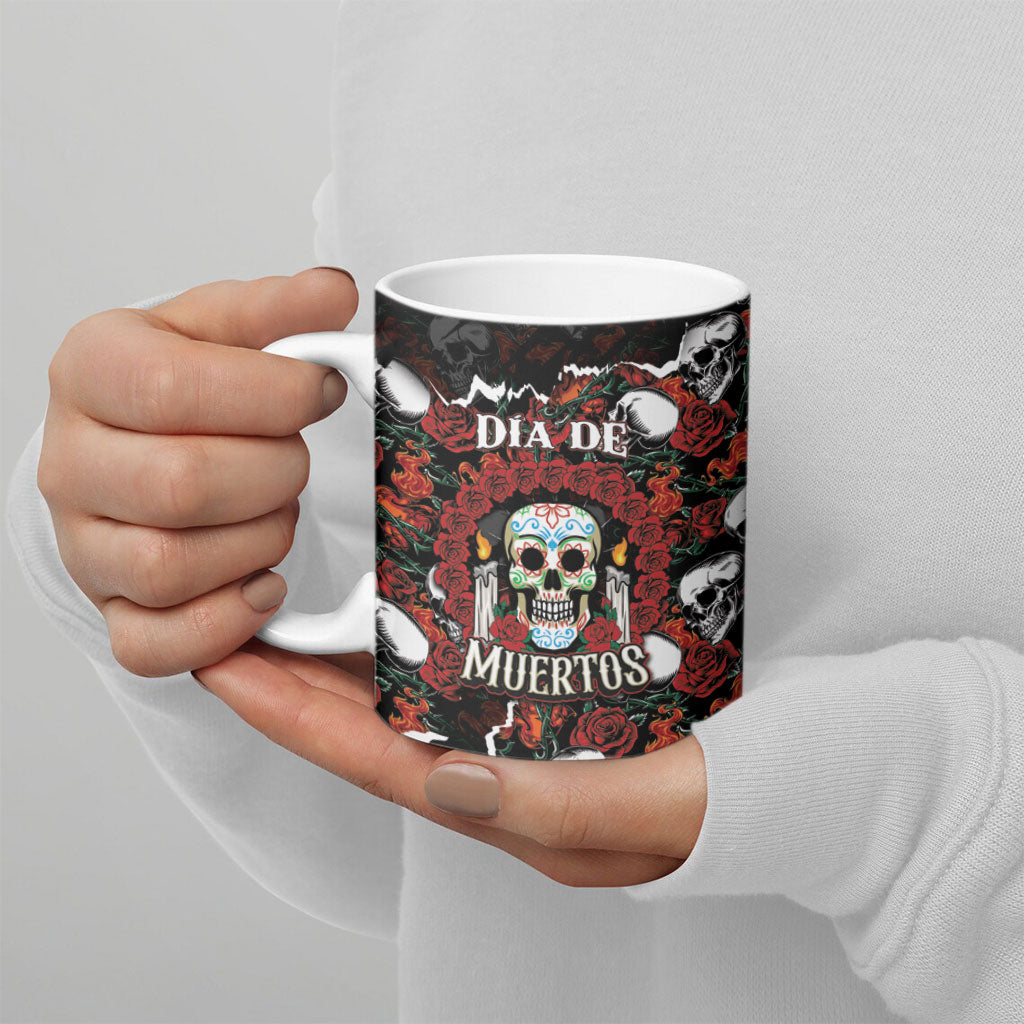 Personalized Dia De Muertos Sugar Skull Ceramic Mug Red Roses Floral Skeleton Graphic