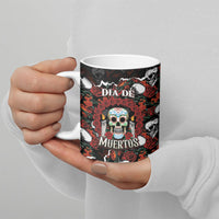 Personalized Dia De Muertos Sugar Skull Ceramic Mug Red Roses Floral Skeleton Graphic