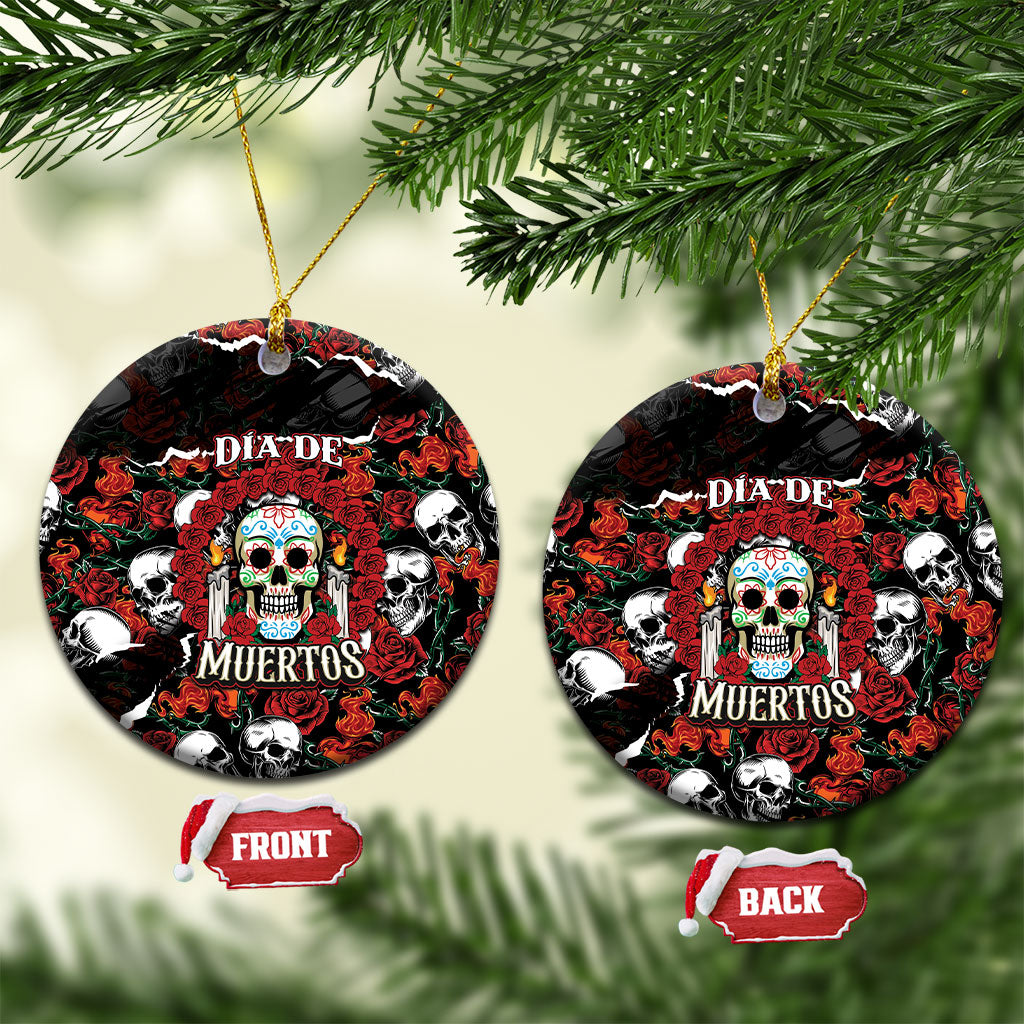 Dia De Muertos Sugar Skull Ceramic Ornament Red Roses Floral Skeleton Graphic