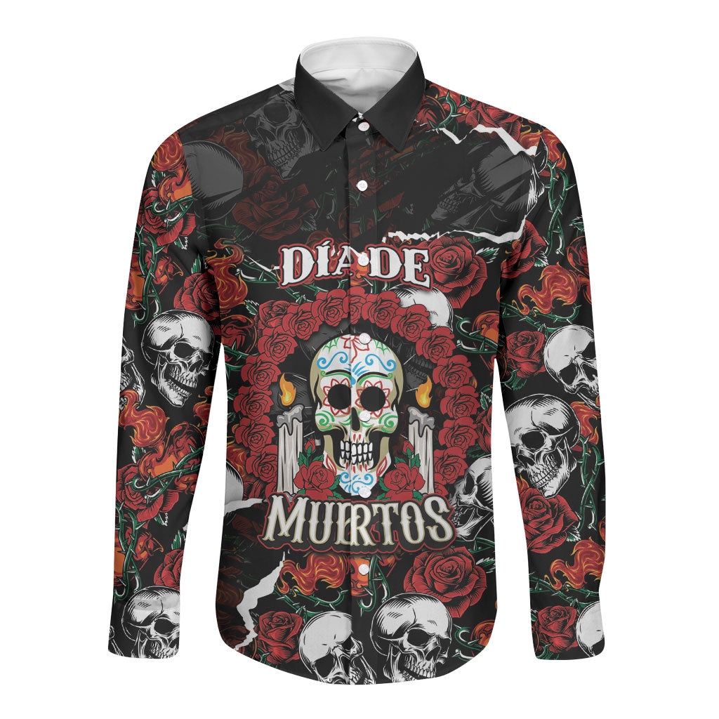 Personalized Dia De Muertos Sugar Skull Long Sleeve Button Shirt Red Roses Floral Skeleton Graphic