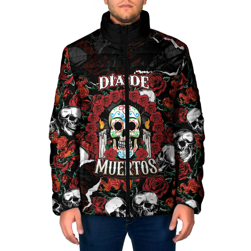 Personalized Dia De Muertos Sugar Skull Padded Jacket Red Roses Floral Skeleton Graphic