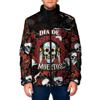 Personalized Dia De Muertos Sugar Skull Padded Jacket Red Roses Floral Skeleton Graphic