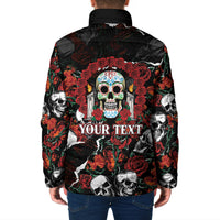 Personalized Dia De Muertos Sugar Skull Padded Jacket Red Roses Floral Skeleton Graphic