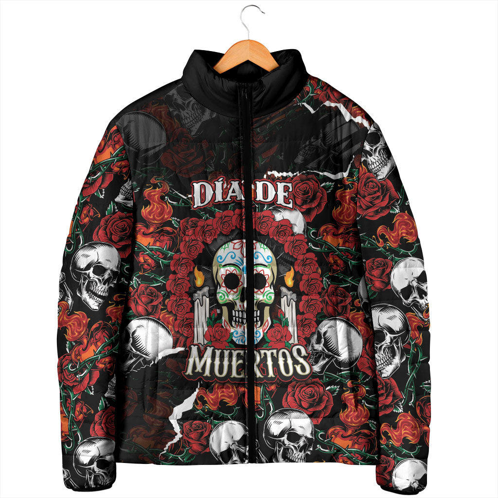 Personalized Dia De Muertos Sugar Skull Padded Jacket Red Roses Floral Skeleton Graphic