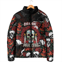 Personalized Dia De Muertos Sugar Skull Padded Jacket Red Roses Floral Skeleton Graphic