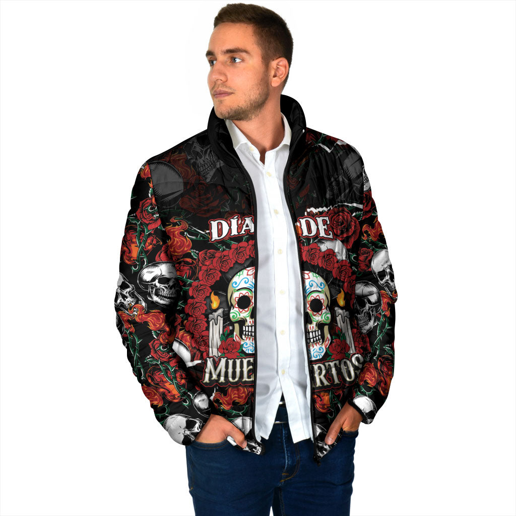 Personalized Dia De Muertos Sugar Skull Padded Jacket Red Roses Floral Skeleton Graphic