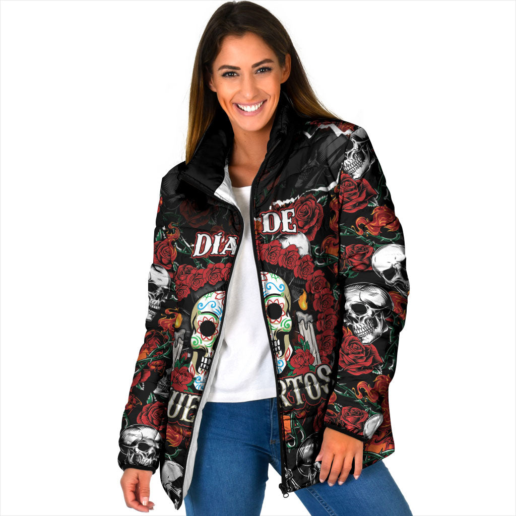 Personalized Dia De Muertos Sugar Skull Padded Jacket Red Roses Floral Skeleton Graphic
