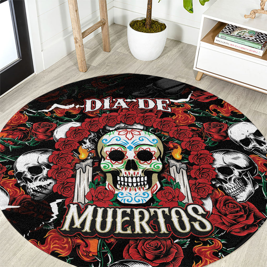 Dia De Muertos Sugar Skull Round Carpet Red Roses Floral Skeleton Graphic