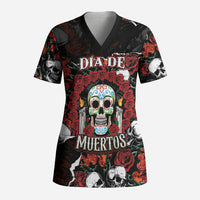Personalized Dia De Muertos Sugar Skull Scrub Top Red Roses Floral Skeleton Graphic