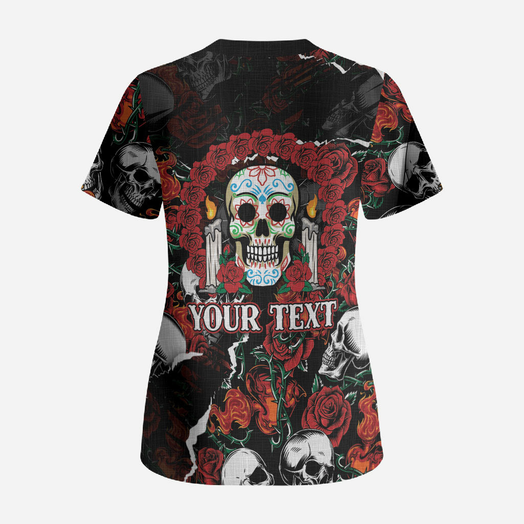 Personalized Dia De Muertos Sugar Skull Scrub Top Red Roses Floral Skeleton Graphic