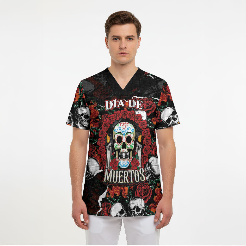 Personalized Dia De Muertos Sugar Skull Scrub Top Red Roses Floral Skeleton Graphic