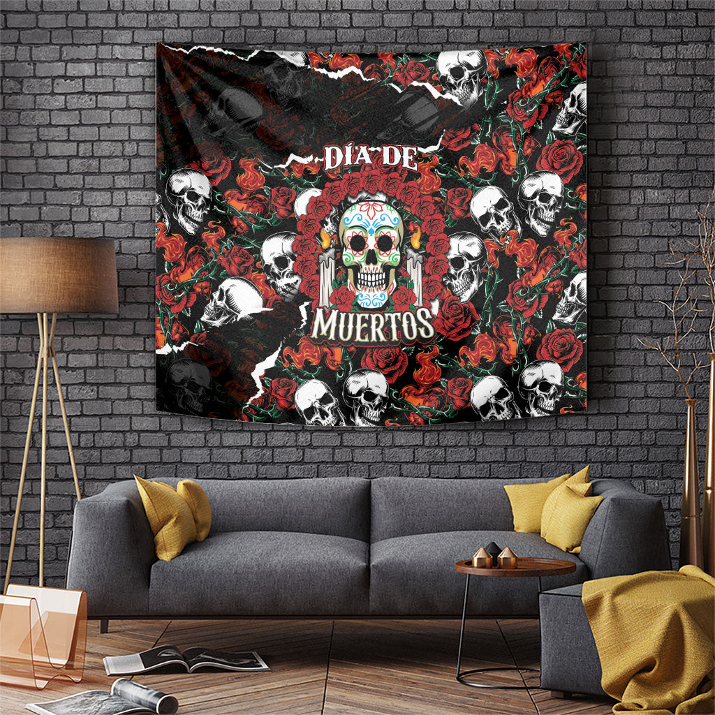 Dia De Muertos Sugar Skull Tapestry Red Roses Floral Skeleton Graphic