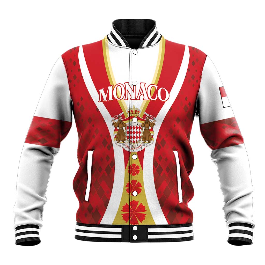 Red and white Monaco baseball jacket with MONACO print, ribbed trim, snap-button front placket