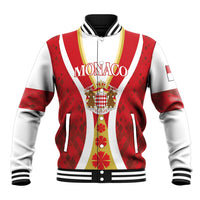 Red and white Monaco baseball jacket with MONACO print, ribbed trim, snap-button front placket