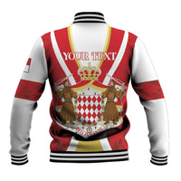 Red Monaco baseball jacket with white sleeves, ribbed collar, crest and 'YOUR TEXT' back print