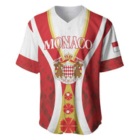 Red and white Monaco-themed baseball jersey with V-neck and striped sleeves