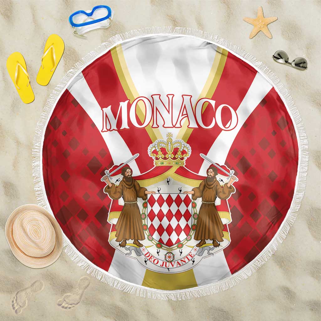 Red and white Monaco beach blanket with crest, round pattern, white fringed edge