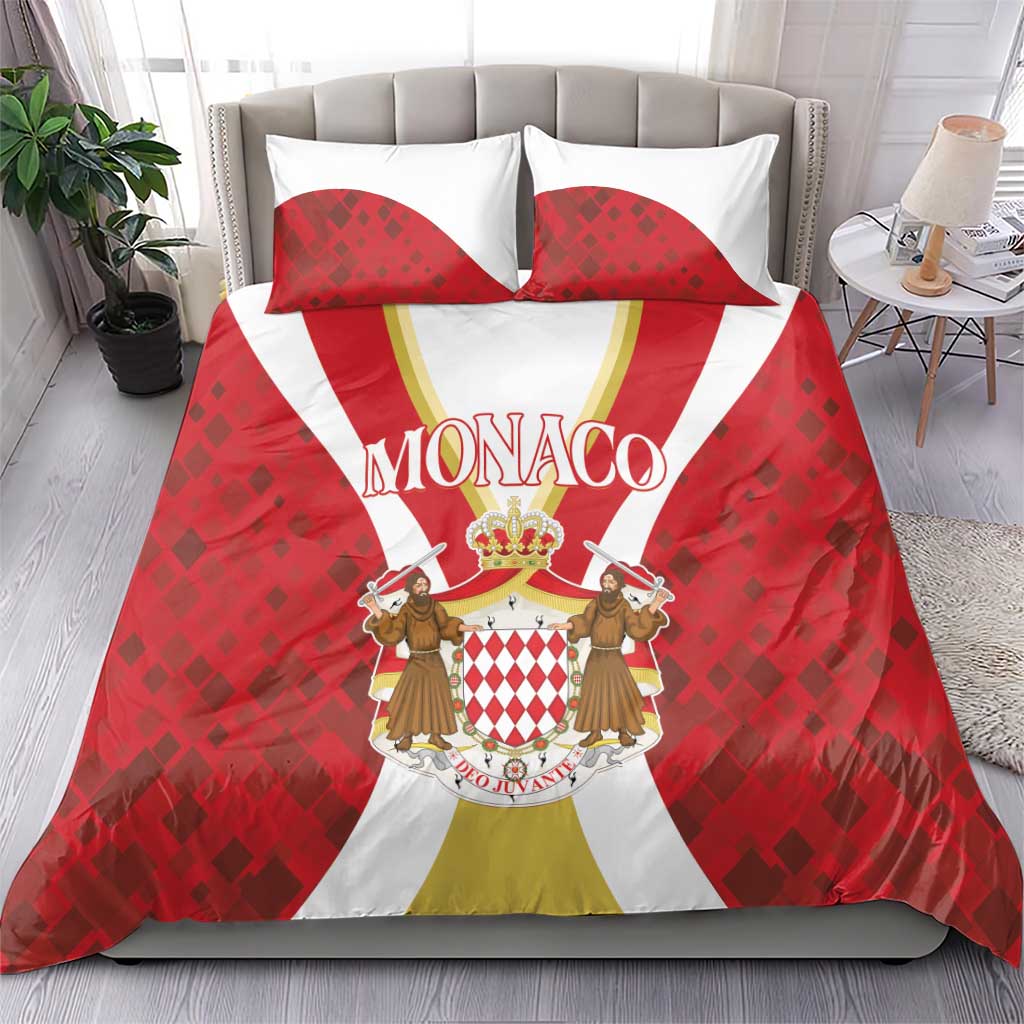 Red bedding set with Monaco crest graphic on duvet and two matching pillowcases