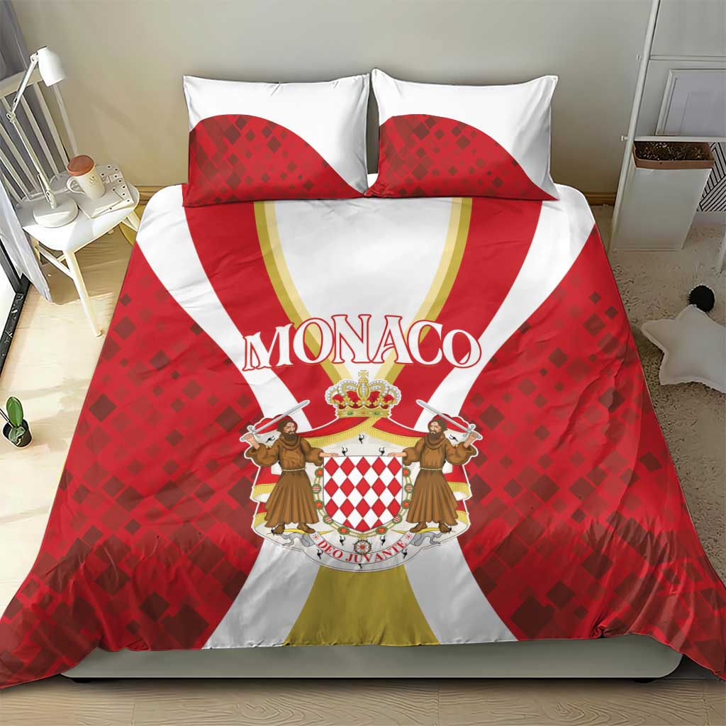 Red Monaco bedding set with crown crest center, striped duvet and two pillow shams